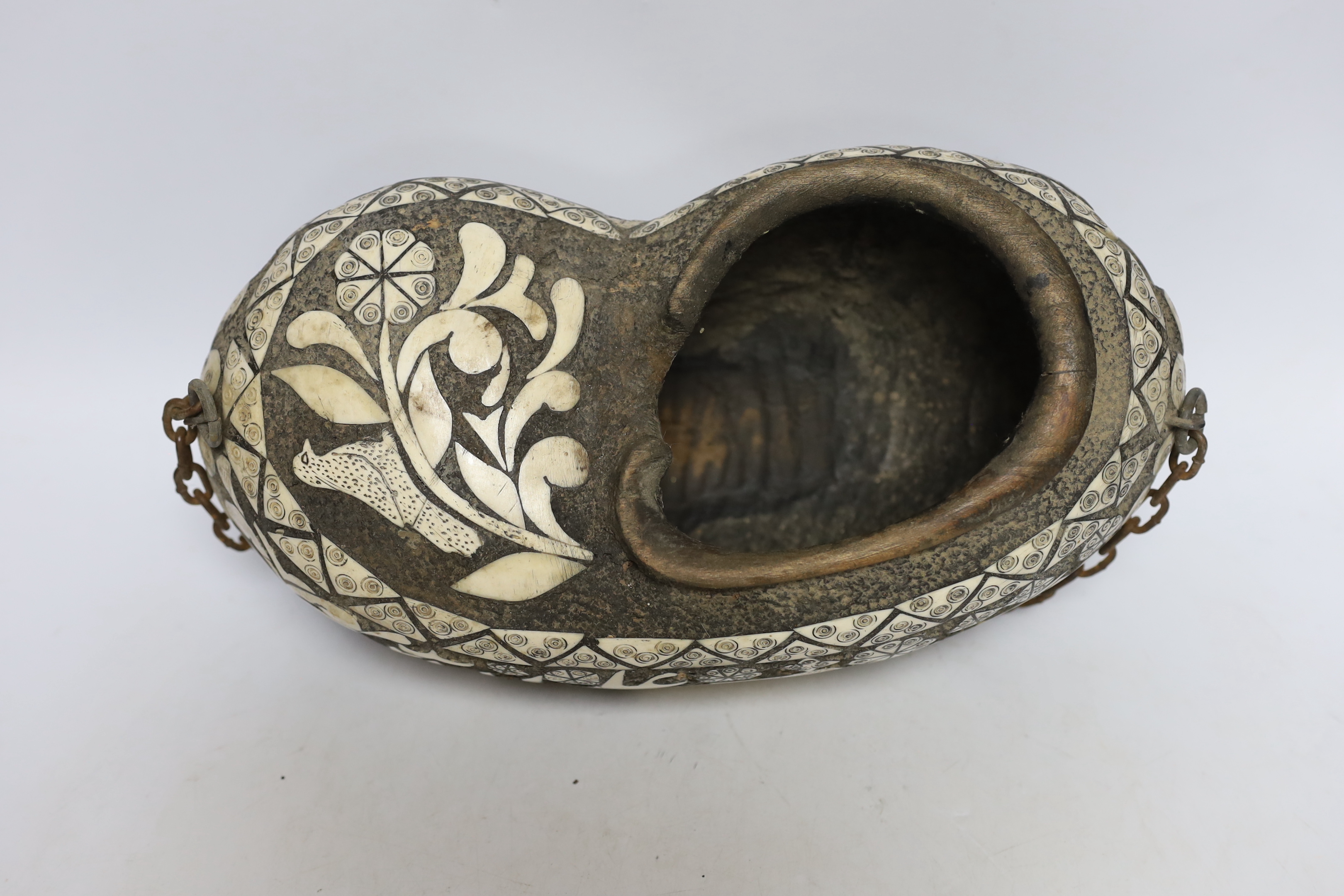 A Persian bone inlaid gourd kashkul begging bowl, 33cm